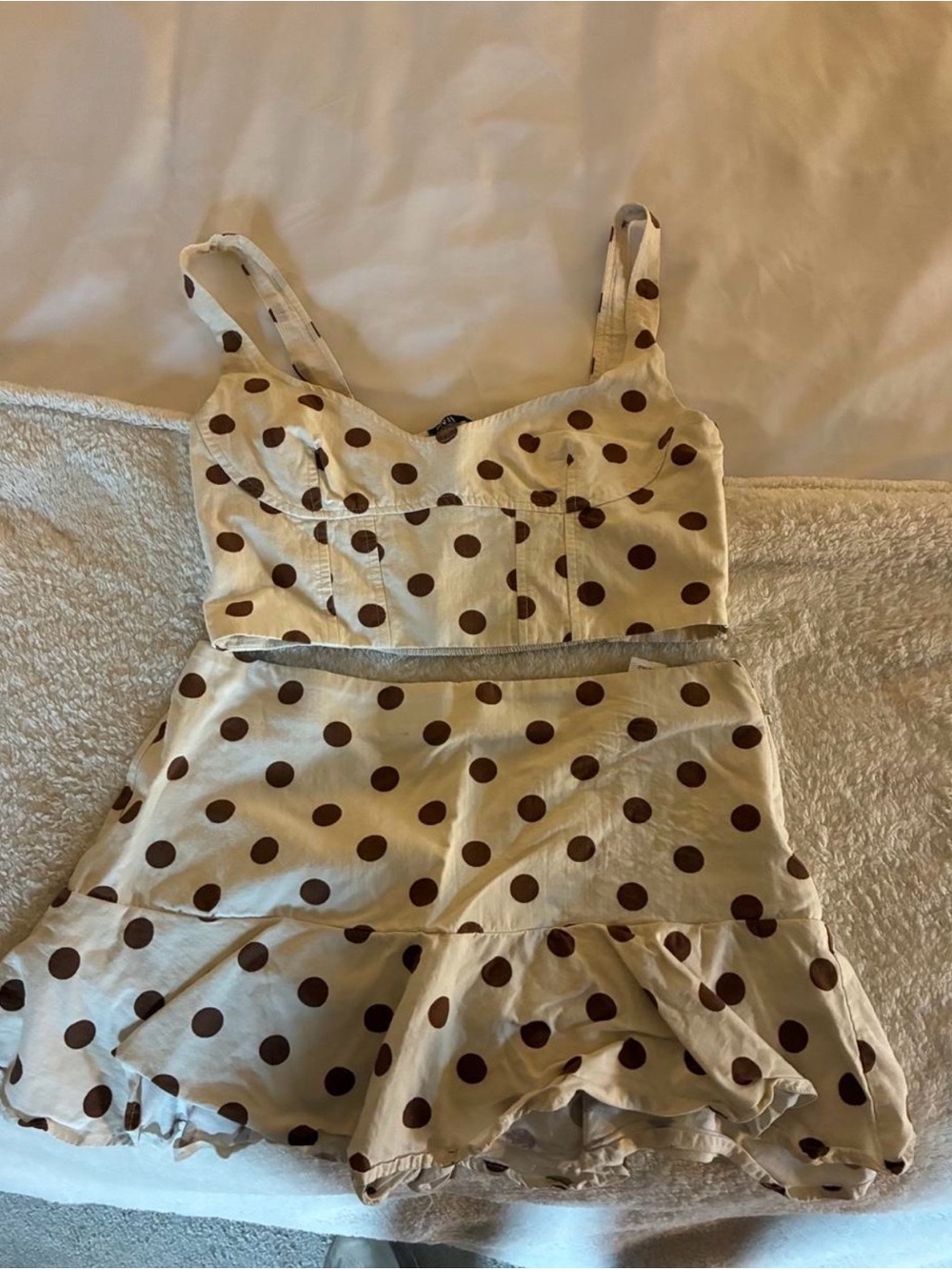 Zara Cream and Brown Polka Dot Two-Piece Skirt Set